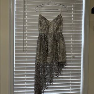 Vietnamese Designer Dress. Elpis Clothing.Elegant Lace Asymmetrical Dress - Gray